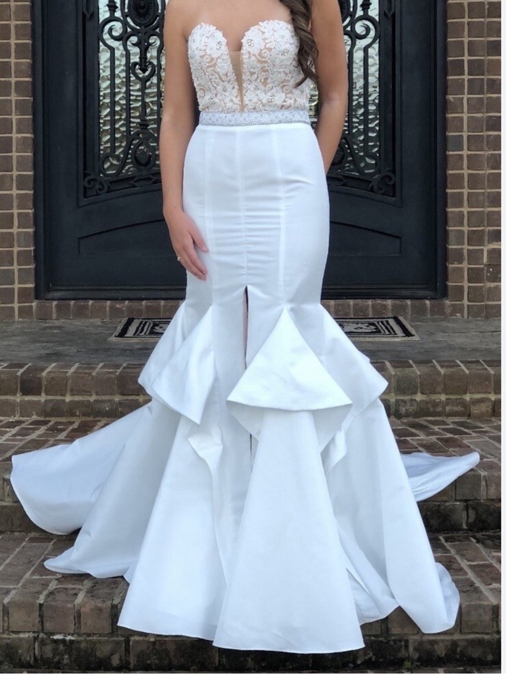Sherri Hill White Strapless Mermaid Dress with Beaded Lace Bodice